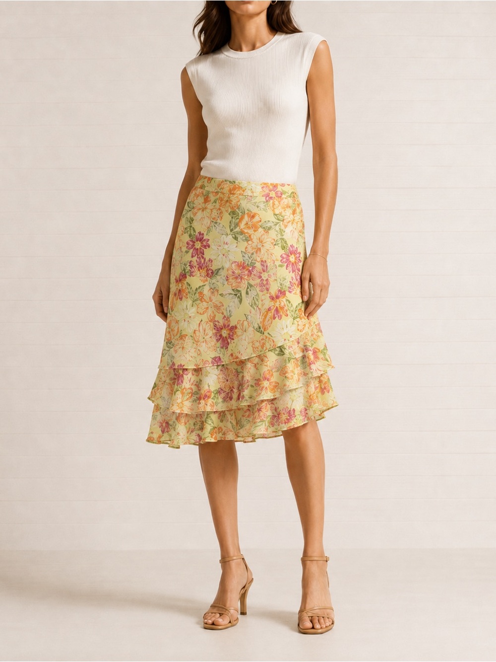 Y2K Christopher&Bank Midi Skirt Yellow Excellent Floral Chiffon Satin Festival 6